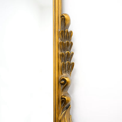 VALE - NESTANDARTINĖS ARKOS FORMOS PAKABINAMAS/PASTATOMAS VEIDRODIS, SENDINTOS AUKSO SPALVOS, METALINIU RĖMU, 130X100 CM