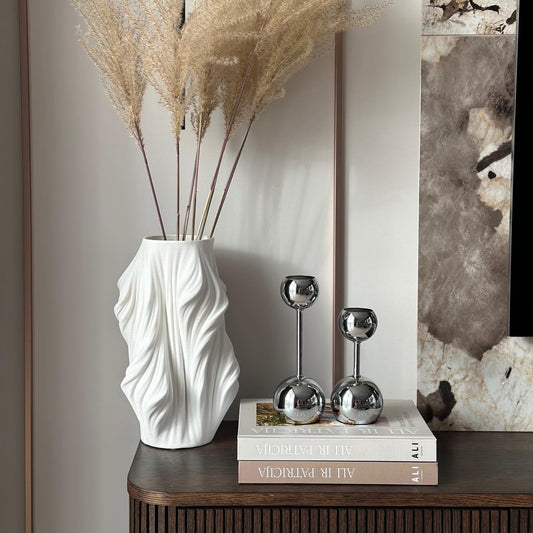 Metalinių žvakidžių duetas "DROPS", sidabro spalvos, 22x8x6/17x8x6 cm