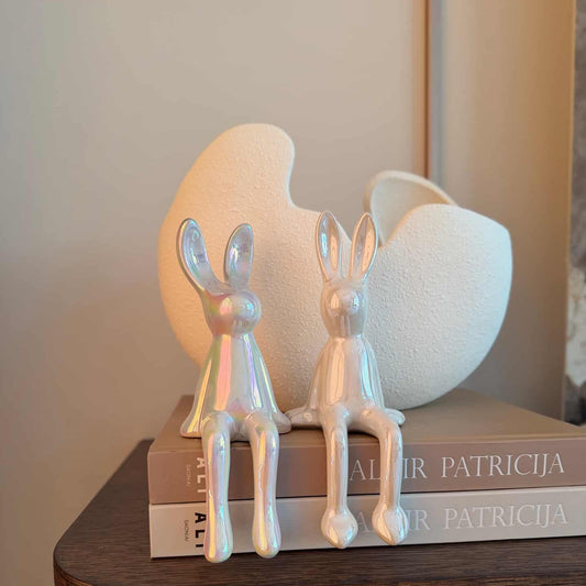 Blizgių kiškiukų duetas, baltos spalvos, 21x8.5x7.5/21x7.5x5.5 cm