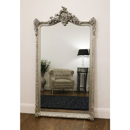 FRANKO - KLASIKINIS SU ORNAMENTAIS PAKABINAMAS/PASTATOMAS MEDINIS VEIDRODIS, SIDABRINĖS SPALVOS, 190x100 CM